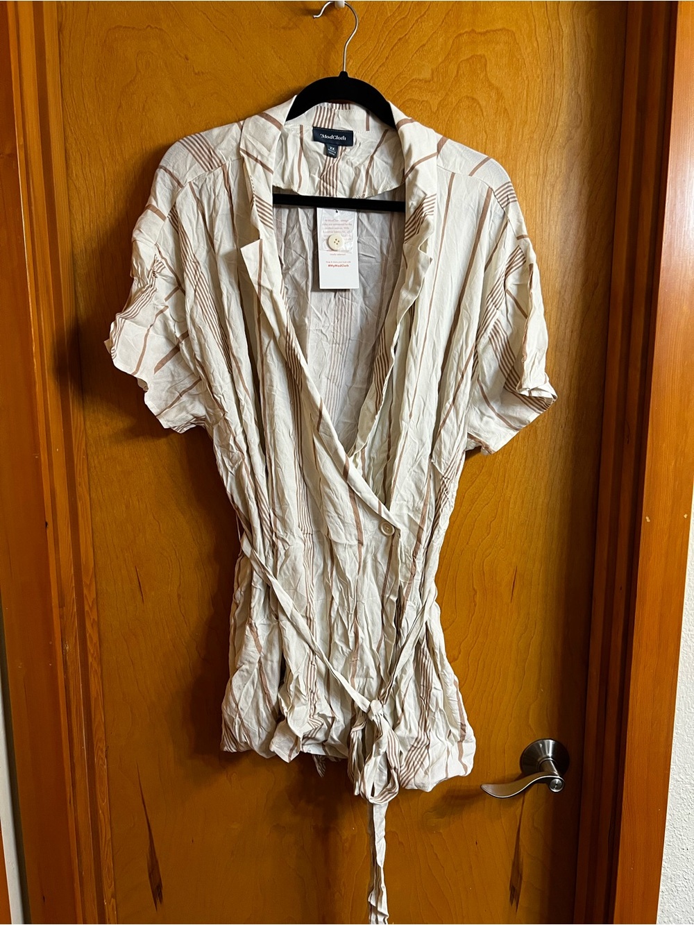 Modcloth Cream Wrap Blouse with Tan Stripe Detail